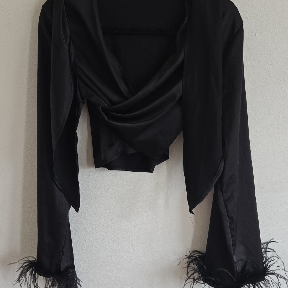 Elegant Black Feather-Trimmed Women's Top